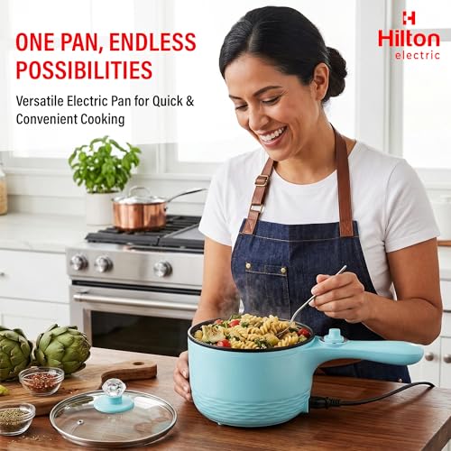 Image of Hilton Electric Pan Upgraded, Non-Stick Saute Pan, 1L Mini Electric Pot for Maggie, Cheese, Stir Fry, Roast, Steam with Power Adjustment, Perfect for Rice, Ramen, Steak, Egg Travell (Blue)