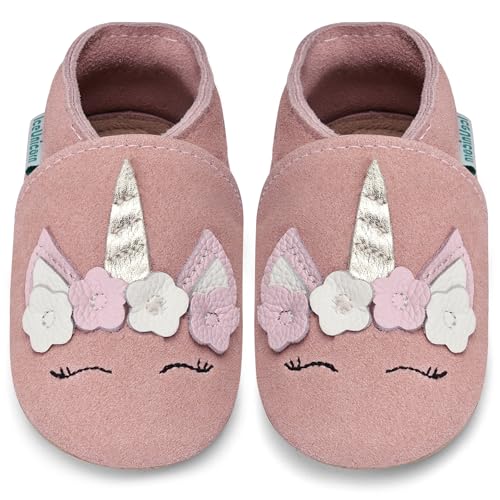 IceUnicorn Lauflernschuhe Baby Krabbelschuhe Lederschlappen Babys Jungen Mädchen Weicher Lederpuschen(Hellrosa Einhorn, 6-12 Monate)