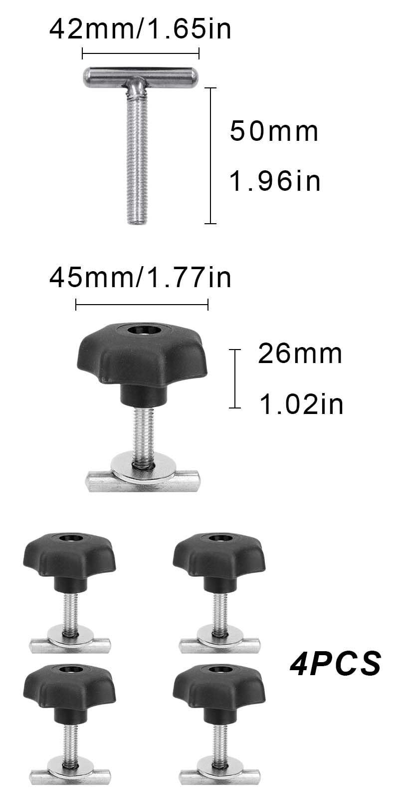 4 pezzi 50mm Viti di fissaggio T5/T6,Viti di fissaggio a T,Viti di Fissaggio del Carico,Viti di Montaggio per Fissaggio a Binario,Vite Fissaggio su Rotaia,Viti per fissaggio del carico su binario