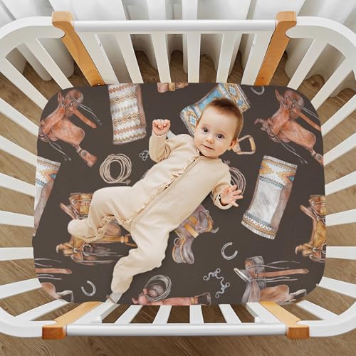 Image of Western Style Cowboy Pattern Crib Sheets Soft Breathable Fitted Baby Crib Sheets Mattress Cover for Girls Boys, 52 inch x 28 inch x 9 inch
