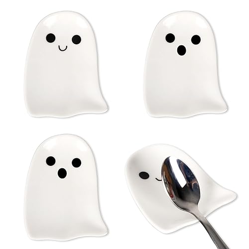 Whaline 4Pcs 2.8inch Mini Ceramic Spoon Rests White Ghost Small Coffee Spoon Holder for Halloween Coffee Stirrers Teaspoon Bar Spoon Coffee Station Bar Accessories - White
