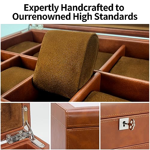 Image of Leather Watch Box with Drawer-10 Slots Locking Jewelry Watches Holder for Men-Luxury Watch Case Display Organizer-2 Tier Organizer Watch Showcase-Storage Case