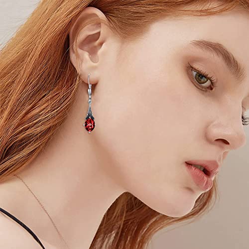 AOBOCO Vintage Earrings for Women Sterling Silver Retro Drop Dangle Leverback Earrings with 8x6mm Oval Genuine or Simulated Birthstone Crystal from Austria, Anniversary Jewelry Gifts for Her Women2