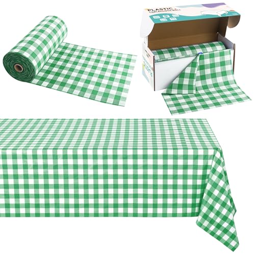 Image of Kochorie 54 Inch x 300 Ft Light Green Checkered Plastic Table Cloth Roll Disposable Waterproof Table Cover Plastic Table Cover Roll with Easy Slide Cutter for Outdoor Picnic /Home Dining /Spring Party