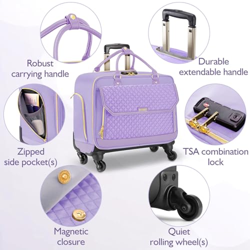 Image of Arcoyard Rolling Teacher Bag, Briefcase for Women with 4 Spinner Wheels, Roller Laptop Bag for Work with Leather Handle, Womens Travel Carry On, TSA Friendly Design, Purple