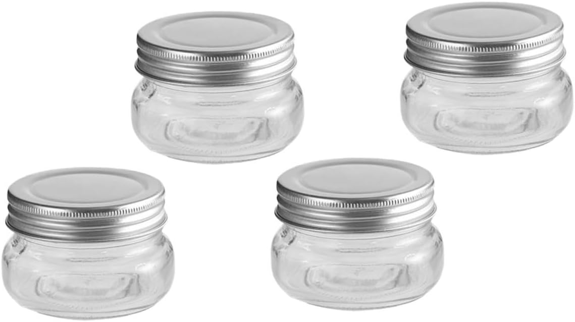KOMBIUDA 4pcs 150ml Glass Candy Jars with Aluminum Lids, Small round Xmas Candy Containers for Chocolate Storage, Compact DIY Holiday Party Favors