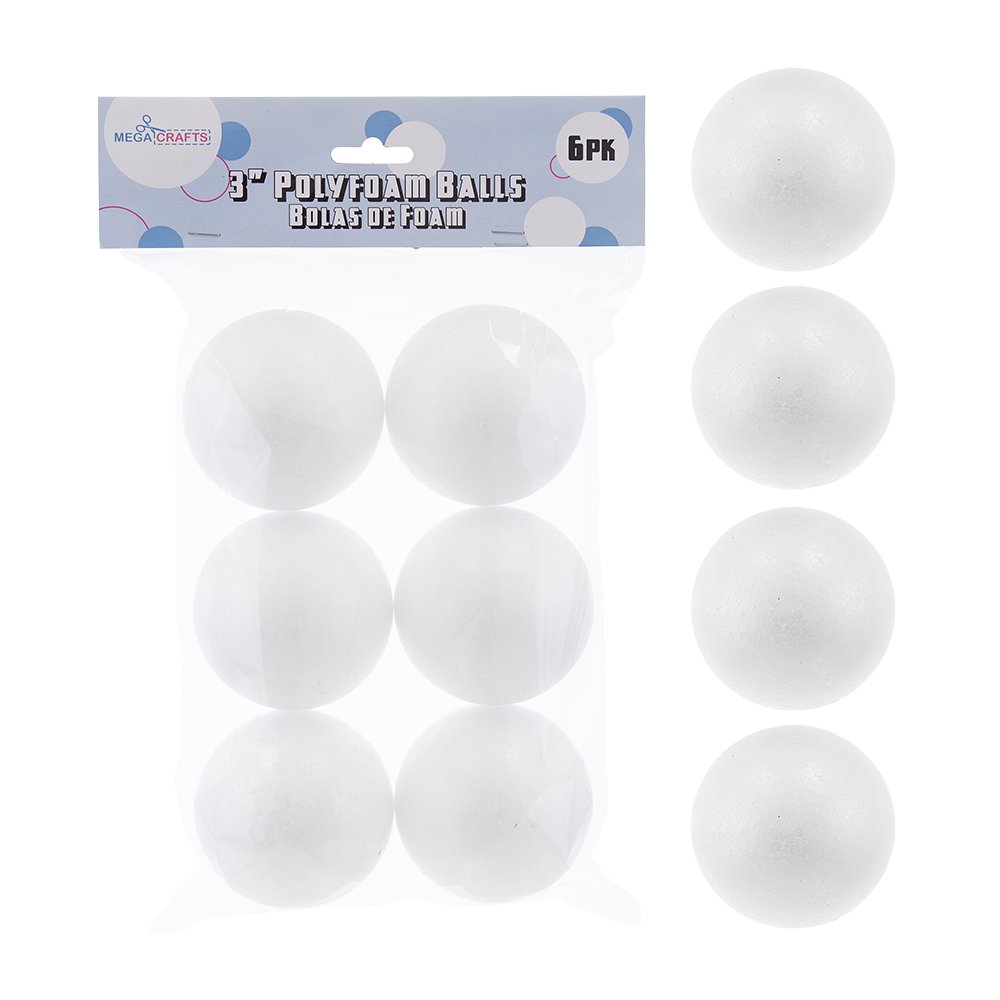 Mega Crafts 6 pcs White Poly Craft Foam 3 Inch Ball, Durable, Solid Polystyrene Balls, Arts & Crafts, Ornaments, Crafting Projects, Knitting Party