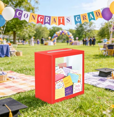 Image of SietDESEO Red Card Box for Party with Clear Window Large Gift Card Box Holder for Wedding Reception Birthday Graduation Baby Shower Raffle Ticket Box