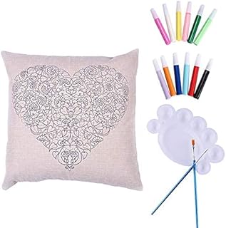 Novago Housse Coussin/taie d'oreiller à colorier et à Personnaliser (peintures et pinceaux fournis) Coeur, 45x45 cm