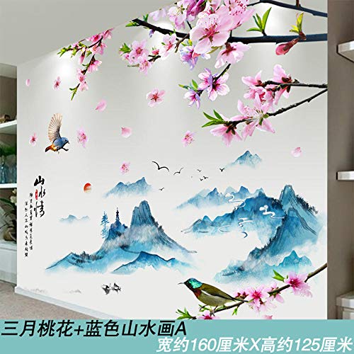 Pared de fondo autoadhesiva 3D estéreo pegatinas de pared pegatinas diseño pegatinas-March Peach Blossom + Blue Landscape Painting_Extra large Cover