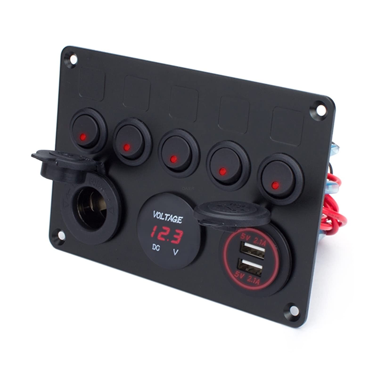 Panel de interruptores 12V coche con cargador USB doble y voltímetro digital basculante LED