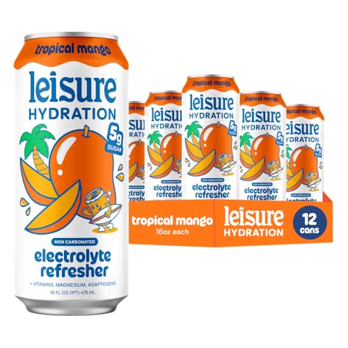 Image of Leisure Hydration Non-Carbonated Electrolyte Refresher, Tropical Mango Flavor - Low Sugar Nutrient Enhanced Water Beverage - Get The Best Hydration Packed w / Magnesium & Ashwagandha For Mood & Stress Support, Non-GMO, 16 oz (12-Cans)