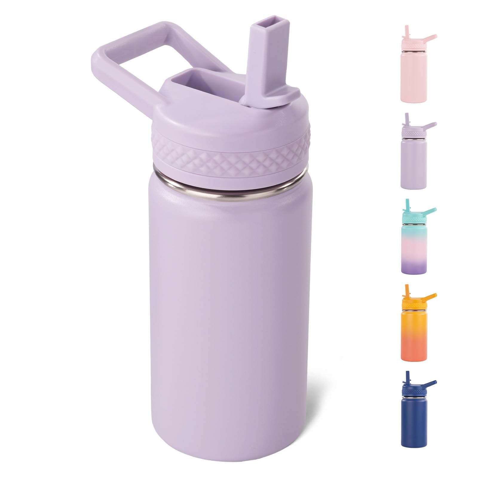 Fijinhom Toddler Water Bottle, 12 oz Kids Vacuum Insulated Thermos for School With Straws Lids, 304 Stainless Steel, BPA-Free, Lilac