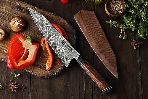 XINZUO Damaststahl 21,5cm Profi Kiritsuke Chefmesser, Wüsten-Eisenholzgriff mit Hirnholz-Schneidebrett Akazienholz (35x25x2.6cm), rutschfesten Füßen, eingebauten Griffen und Saftrille