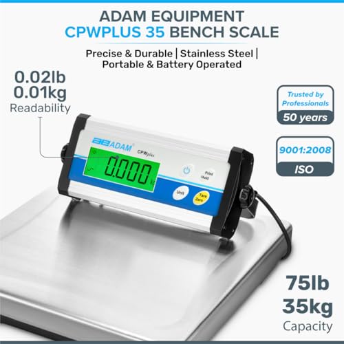 Adam Equipment CPWplus 35 Bench Scale, 75lb/35kg Capacity, 0.02lb/10g Readability