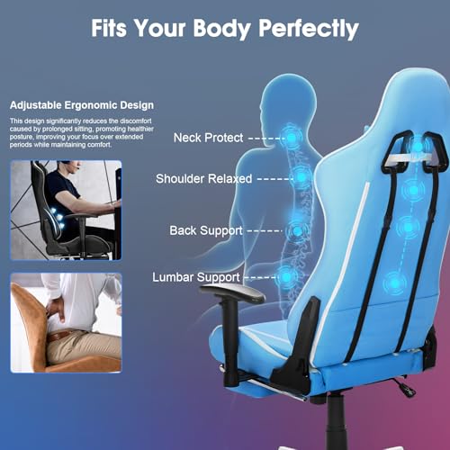 Image of Gaming Chair Massage PC Gaming Chair Office Chair Ergonomic Computer Chair with Rolling Swivel Task Chair Lumbar Support Footrest Headrest, Light Blue