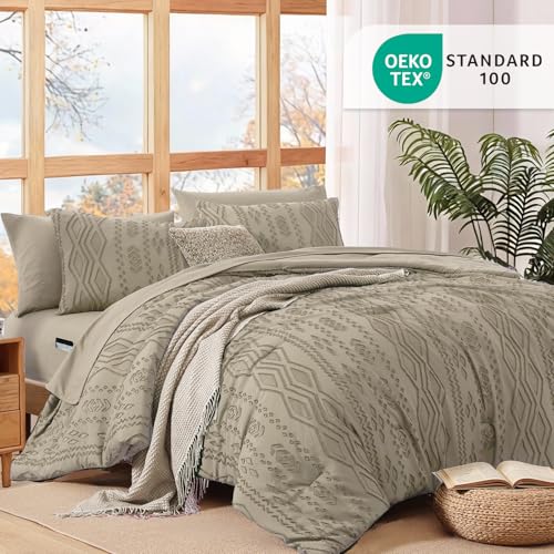 Image of King Size Comforter Set- 7 Pieces Tufted Bed in a Bag King Bedding Sets | All Season Shabby Chic Boho Bedding with Comforter, Sheets, Pillowcases & Shams, Khaki