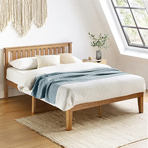 Mellow Marley 14 Inch Solid Wood Platform Bed with Paneled Headboard, Natural Pine, Queen