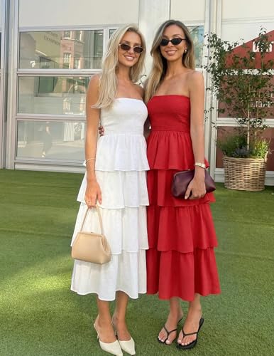 Image of ZESICA Women's Summer Boho Strapless Maxi Dress 2026 Casual Sleeveless Off Shoulder Smocked Tiered Beach Long Sundress