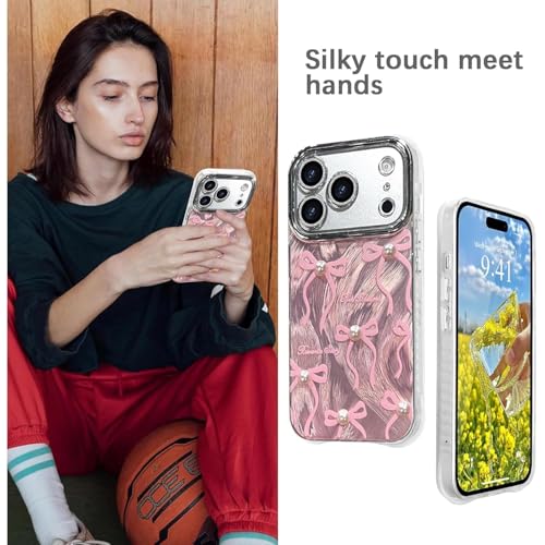Image of VONZEE Compatible with iPhone 17 Pro / 18 Pro Case Luxury Pink Girly Cute 3D Bow Pearl Glitter Bling Case with Full Camera Protection Shockproof PC+TPU Glossy Shiny Cover for Girls Women, Pink