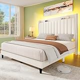 YITAHOME Full Bed Frame with Adjustable Velvet Wingback Headboard 43.3'-47.4', Upholstered Platform Bed with LED Lights, Solid Wood Slat Support, No Box Spring Needed,Beige