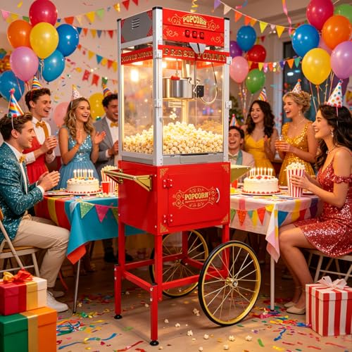 Image of 28OZ Commercial Popcorn Machine with Cart - kettle popcorn makers with heating Stainless Steel Kettle 3-Switch Control for Corporate, School, Business, Institutional, Theater, Carnival, Church, Red