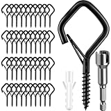 42 Pcs Screw Hooks for Outdoor String Lights, Q-Hanger Hook with Safety Buckle, Patio Wall Ceilling Square Eye Cup Hook for Hanging Plant Pots Christmas Decor Wire Fairy Led, Wind Nut Driver, Black