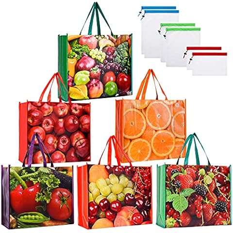 Kitchen Reusable Grocery Bags Set of 6 Heavy Duty Foldable Shopping Tote with 6 Pcs Mesh Produce Bags for Groceries Food Strong Durable Extra Large Bulk Fruit Vegetable Bag with Handles Easy to Clean Cover