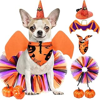 Xuniea 6 Pieces Halloween Dog Costume Accessories, Witch Hat, Bandana Triangle Bib Scarf, Tutu Skirt Wings and 2 Artificial Pumpkins Kitten for Dogs Cats Party Decoration