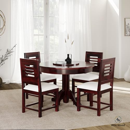 Image of Solid Sheesham Wood Round Dining Table Set 4 Seater | Four Seater Dining Table 4 Seater with 4 Modern Chairs for Living Room | 4 Seater Dining Set for Hotel Restaurant (Walnut, 4 Seater)