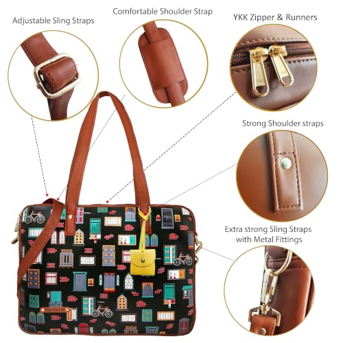 Image of Funk For Hire Women's Black and Brown Printed Faux Leather 15.6 inch Laptop Handbag Sling with Waterproof Nylon Lining Cushioned Sleeve Adjustable Padded Strap Organizer