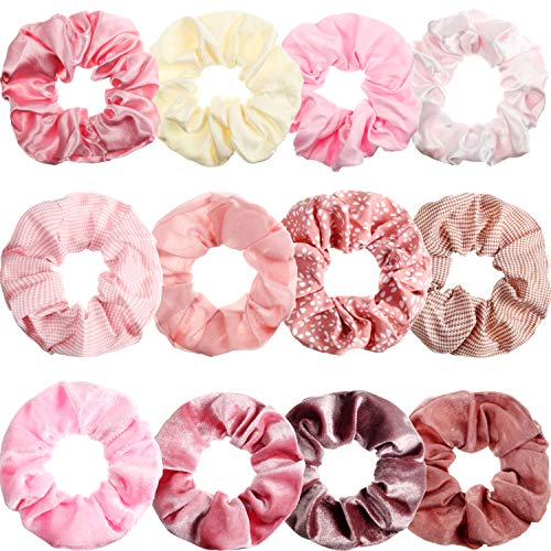 12 Pieces Pink Hair Scrunchies Hair Ties Velvet Satin Chiffon Elastic Hair Bands Ropes Ponytail Holders for Girls Women Hair Accessories, 12 Styles