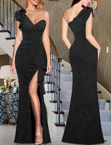 VFSHOW Womens Formal Prom Elegant Ruffle One Shoulder Beaded Strap Ruched Slit Maxi Dress Wedding Evening Long Gown2
