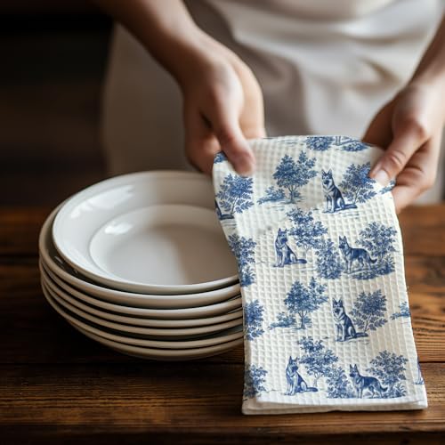 Image of German Shepherd Kitchen & Hand Towel for Dog Lovers, Chinoiserie German Shepherd Dish & Tea Towels, Farmhouse Dog Mom Gifts for Women, 16x24 Inch