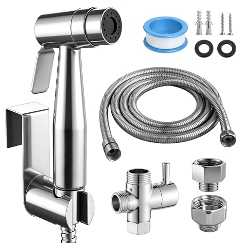 Pulvérisateur de bidet à main en Acier Inoxydable, Douchette Bidet Avec Vanne En T G1/2' Et Adaptateur Toilette G3/8', Flexible 150Cm, Support Mural Ou Crochet, Douche Pour Bébé, Animaux Et Hygiène