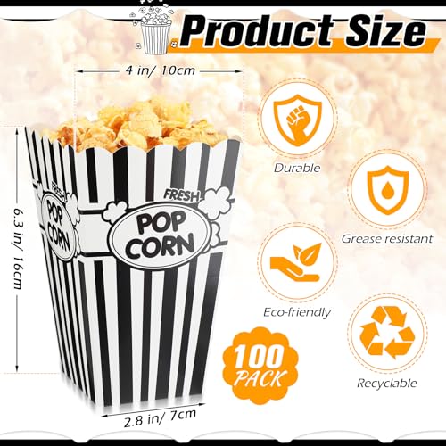 Image of Xinnun 100 Pcs Popcorn Boxes 32oz Classic Stripe Paper Buckets Disposable Oil Proof Popcorn Container Retro Open Top Box for Movie Night Supplies Theaters Carnival Birthday Party(Black and White)