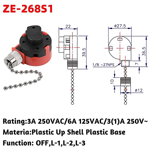 Image of ZE-268S1 Ceiling Fan Switch, 3 Speed 4 wire Pull Chain Switch Ceiling Fan Replacement Part Lamp Switch Appliances Accessories Compatible with Hunter Ceiling Fan Lights (Nickel Pull Chain)