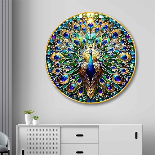 Image of SAF Vibrant Peacock Round Wall Art | 3D Embossed MDF Panel with Golden Rim | Multicolor Luxury Wall Decor | Modern Art Frame for Home Decoration and Gifting (23 x 23 Inch) GR-305