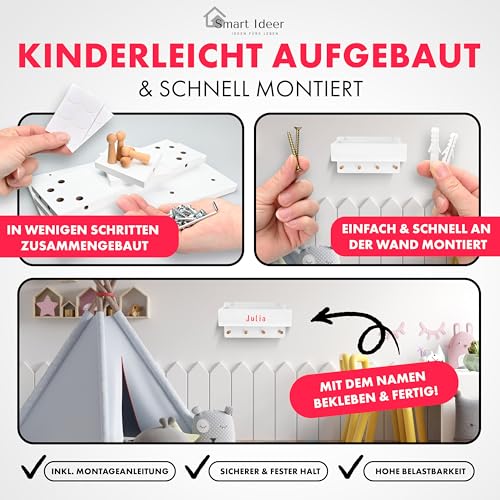 Smart Ideer - Kindergarderobe mit Ablage - Individuell mit selbstklebenden Buchstaben - Wandgarderobe aus Holz - Garderobe mit 4 Haken - Garderobe Kinder mit Ablage