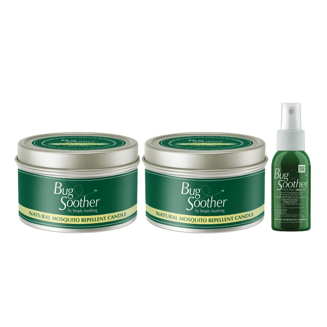 Bug Soother® Natural Insect Repellent Candle – DEET-Free Mosquito & Gnat Protection, Pleasant Lemongrass & Vanilla Scent – Plant-Based Outdoor Bug Deterrent – Made in USA (2ct Candles + 1 oz Bonus)