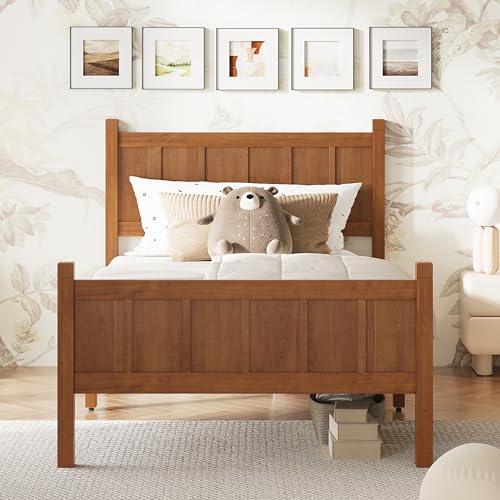 Image of Twin Size Vintage Bed Frame with Headboard, Farmhouse Wooden Platform Bed with Under-Bed Storage, Minimalist Modern Wood Grain Finish Bedframe for Bedroom (Light Walnut)