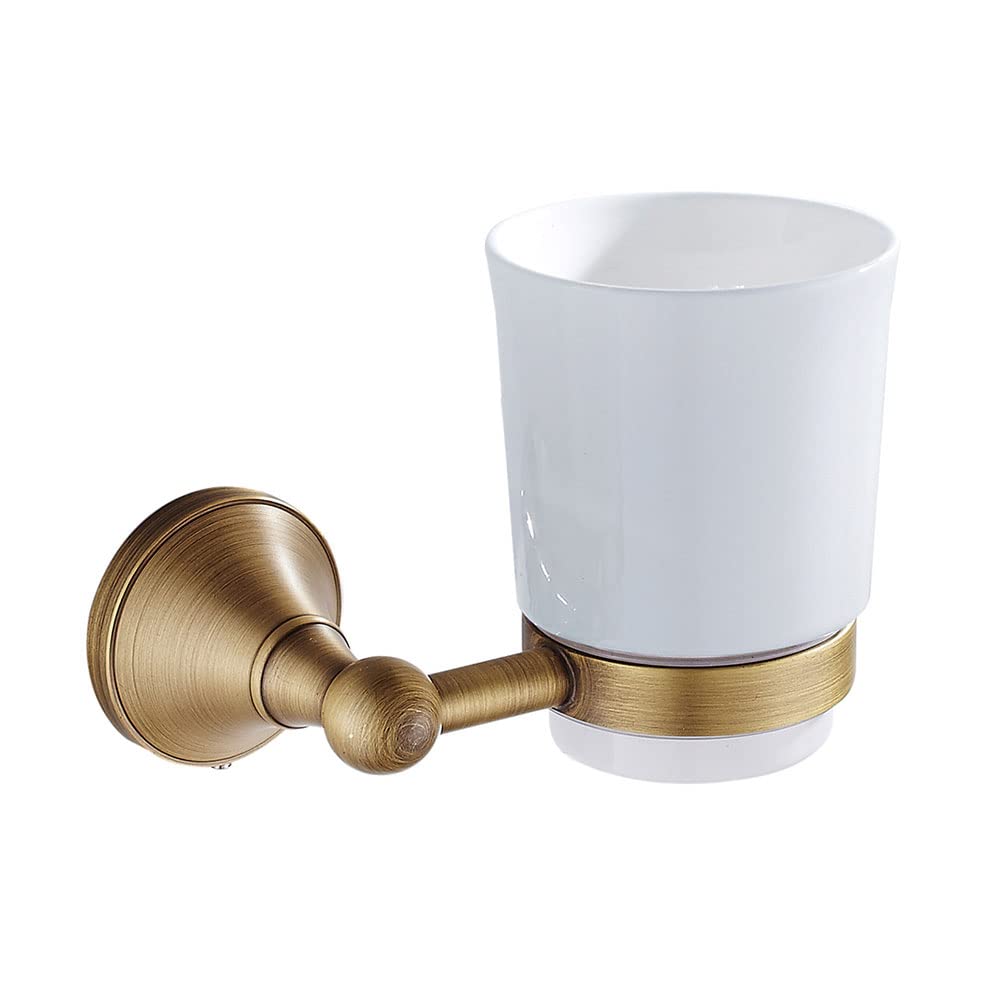 Bathroom Toothbrush Holder, Wall Mounted Ceramic Cup with Frosted Toothpaste Shaver Organizer Storage, Brass, Bronzed