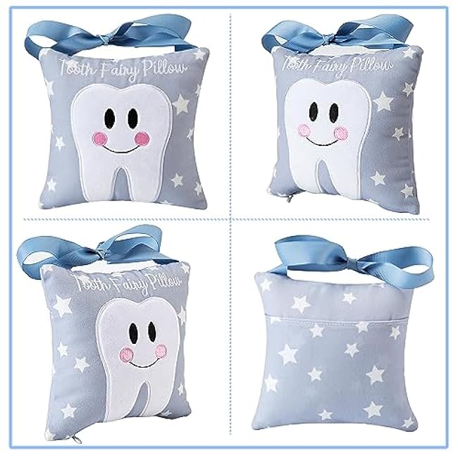 Tooth Fairy Pillow with Pocket for Kids Tooth Keepsake Pouch Tooth Fairy Bag on Back Toothfairy Gift for Boys and Girls, 6.8 x 6.8 inches (Light Blue)