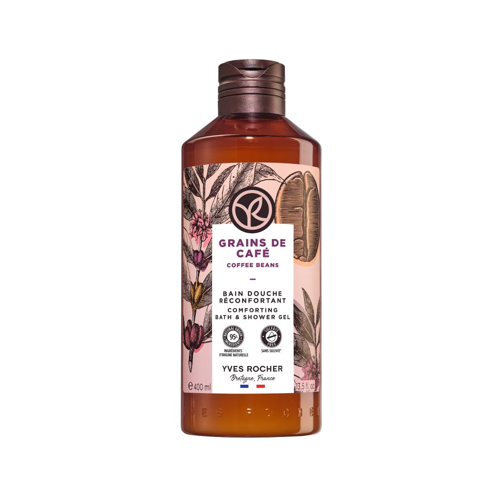 Yves Rocher Bain de Nature Ziarna Kawy – Energetyzujący i wyrafinowany żel pod prysznic i do kąpieli, aromatyczna pianka z ekstraktem, wegańska formuła, butelka z recyklingu, duża pojemność, 400 ml