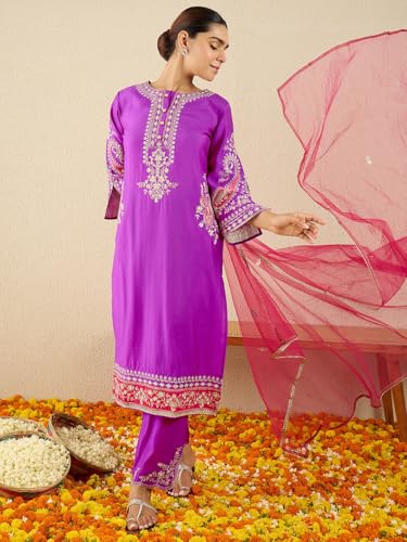 Image of INDO ERA Women's Silk Blend Embroidered Straight Kurta Pant with Dupatta