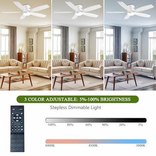Image of Ayaoty Ceiling Fans with Lights, 52 inch Low Profile Indoor Ceiling Fan with Light and Remote Control, Dimmable, Noiseless, Reversible, White Ceiling Fan for Bedroom, Indoor /Outdoor Use
