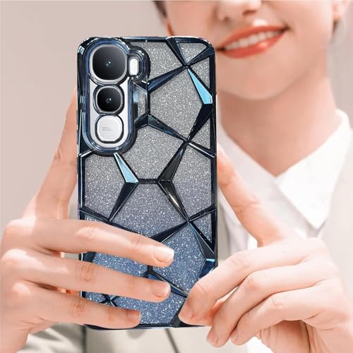 Image of VONZEE Gradient Glitter Case for VIVO Y400, Luxury Electroplated 3D Cube, Diamond Bling Shiny Soft TPU Clear Shockproof Women Girls Protective Phone Cover (Sierra Blue)