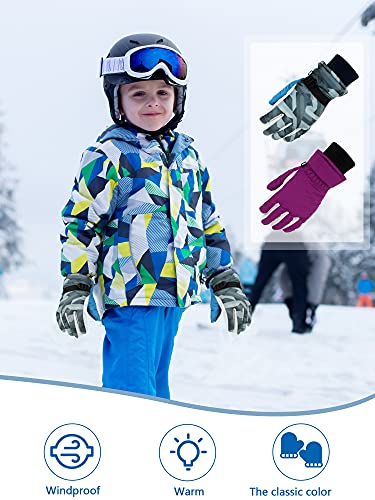 Image of Honoson 2 Pairs Kids Snow Gloves, Winter Waterproof | for Outdoor Snowboard Sledding, Warm Fleece Lining, Windproof, Adjustable Wrist Strap, Youth Cold Weather Ski Glove