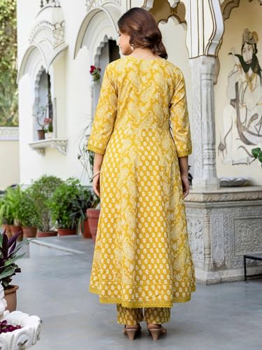 Image of Pure Cotton Anarkali Kurta Set for Women with Dupatta | 3 Piece Cotton Anarkali Suit | Floral Aari Work | Flared Ethnic Wear