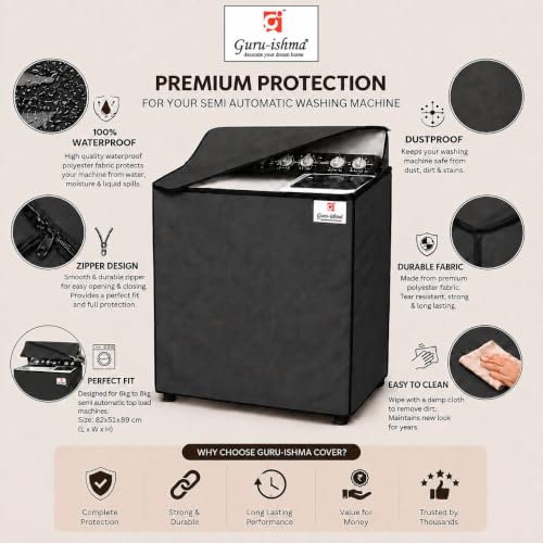 Image of Semi Automatic Washing Machine Cover for 8.5kg to 10kg Top Load | Waterproof & Dustproof Polyester Cover with Zip | Suitable with Samsung, LG, IFB, Bosch & More(54x 89 x 97 cm, Grey)